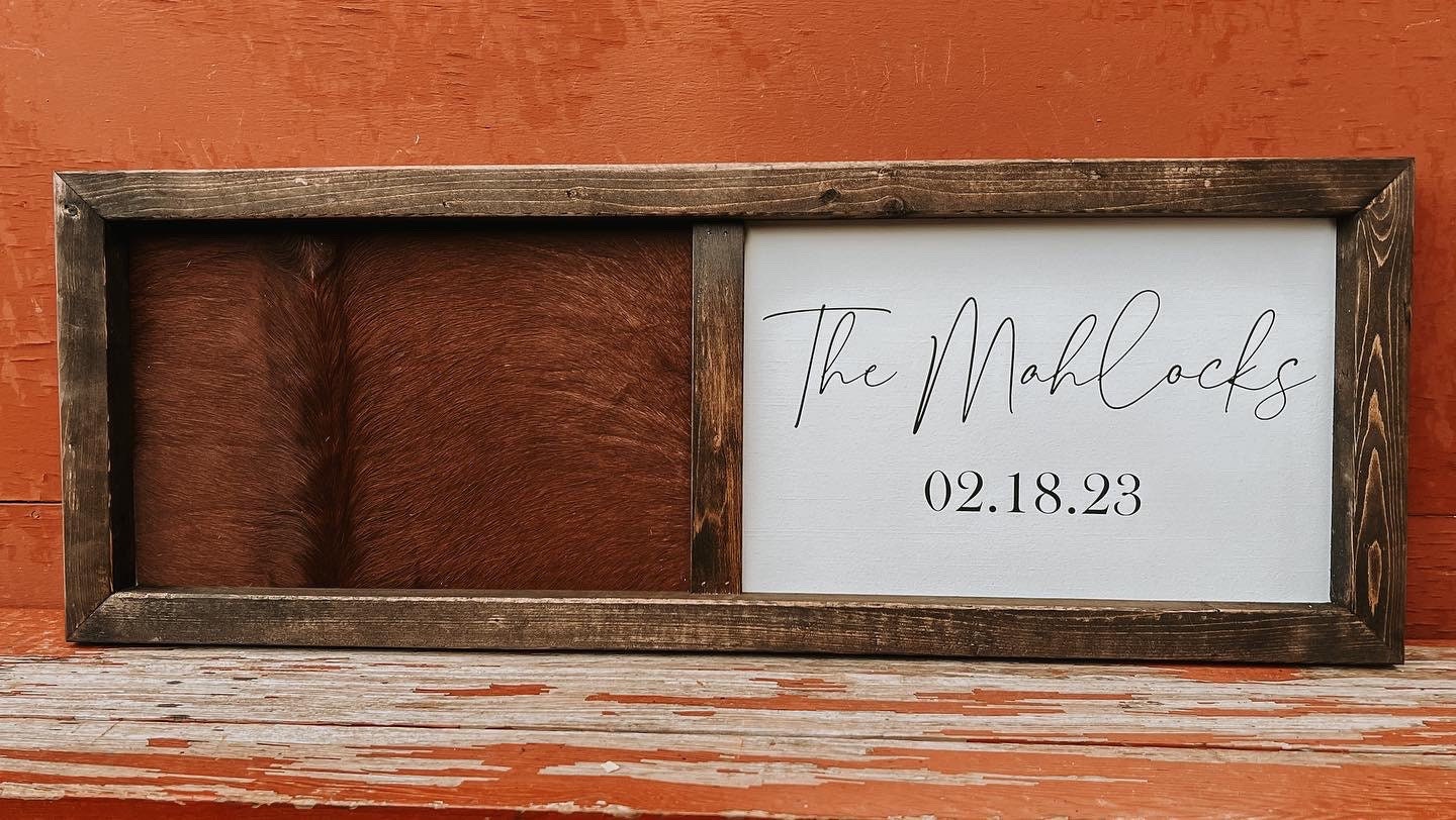 Handmade Half Cowhide Customizable Sign: Rustic Wedding Guestbook