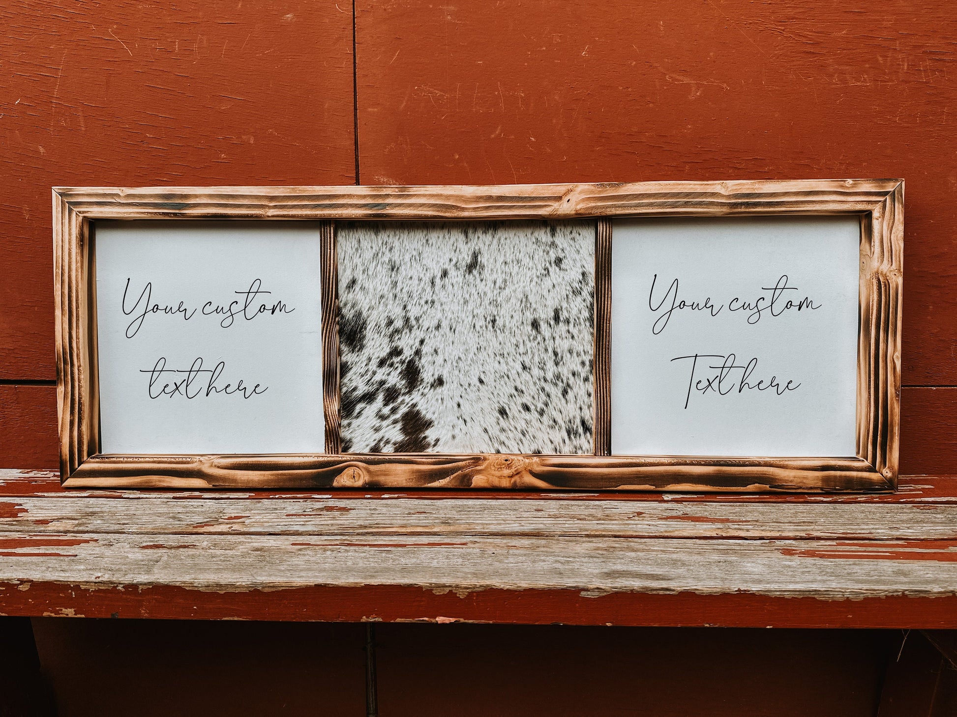 Handmade Cowhide & Wood Sign: Custom Branding Decor