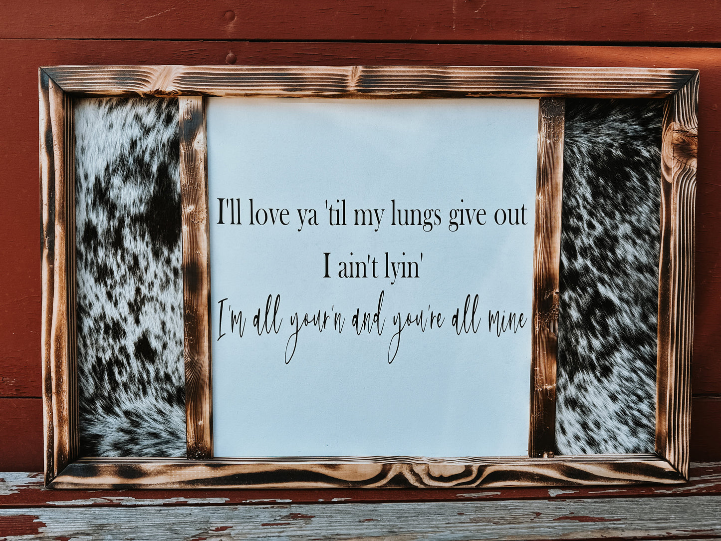 Custom Cowhide Sign: Rustic Western Decor, Handmade Pine Frame
