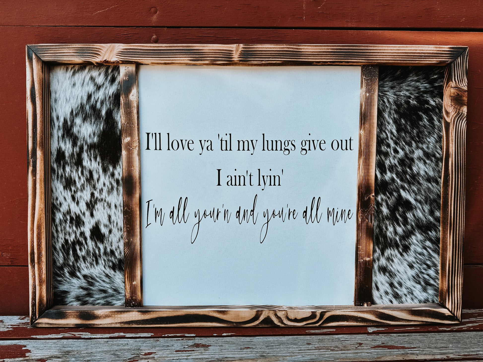 Custom Cowhide Sign: Rustic Western Decor, Handmade Pine Frame