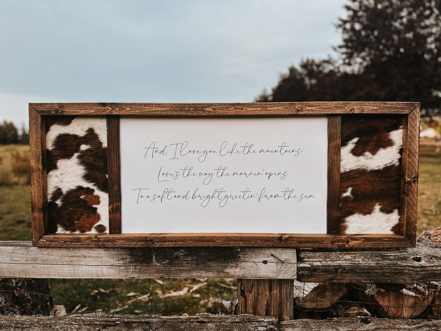 Custom Cowhide Sign: Rustic Western Decor, Handmade Pine Frame