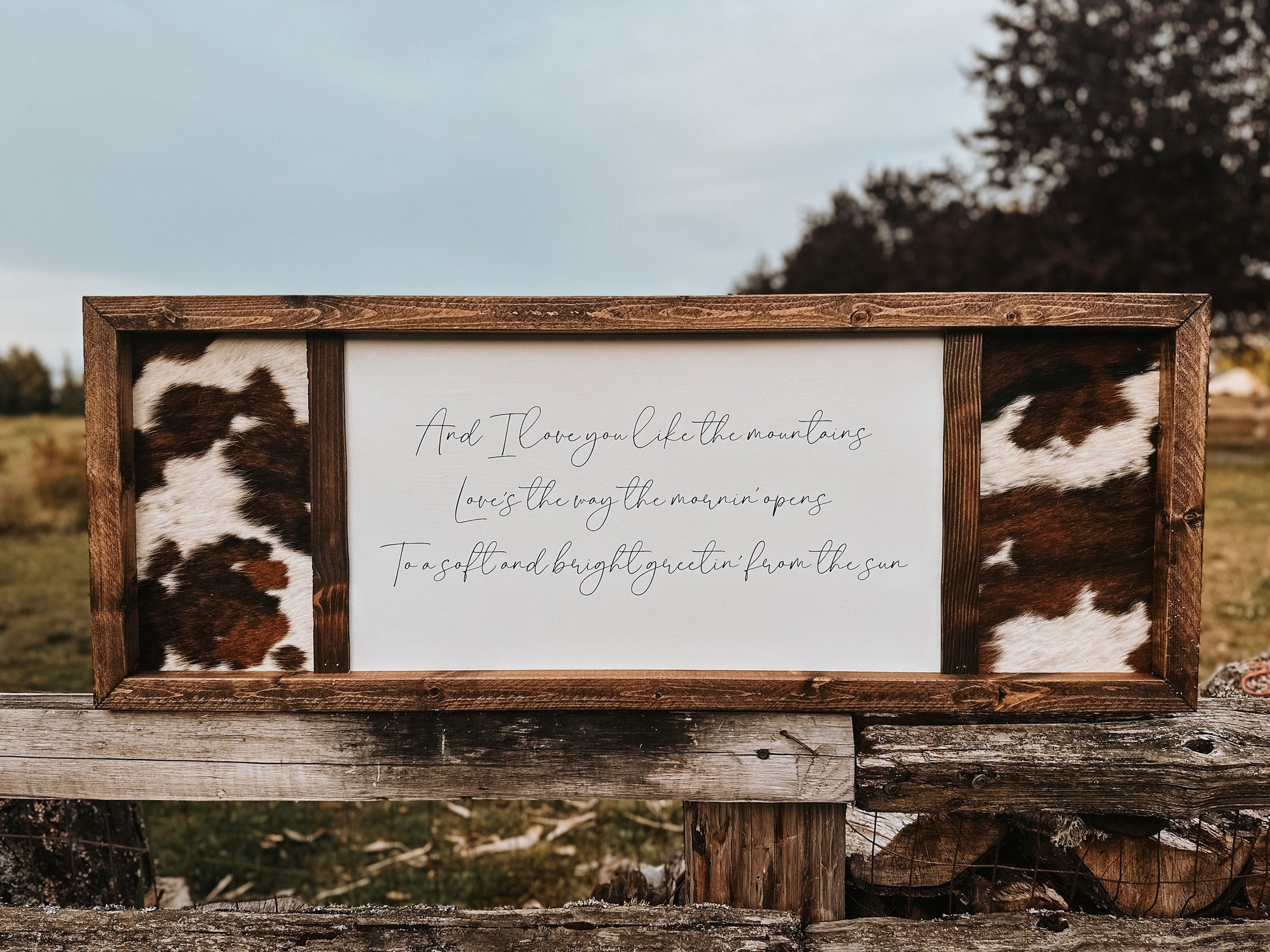 Custom Cowhide Sign: Rustic Western Decor, Handmade Pine Frame