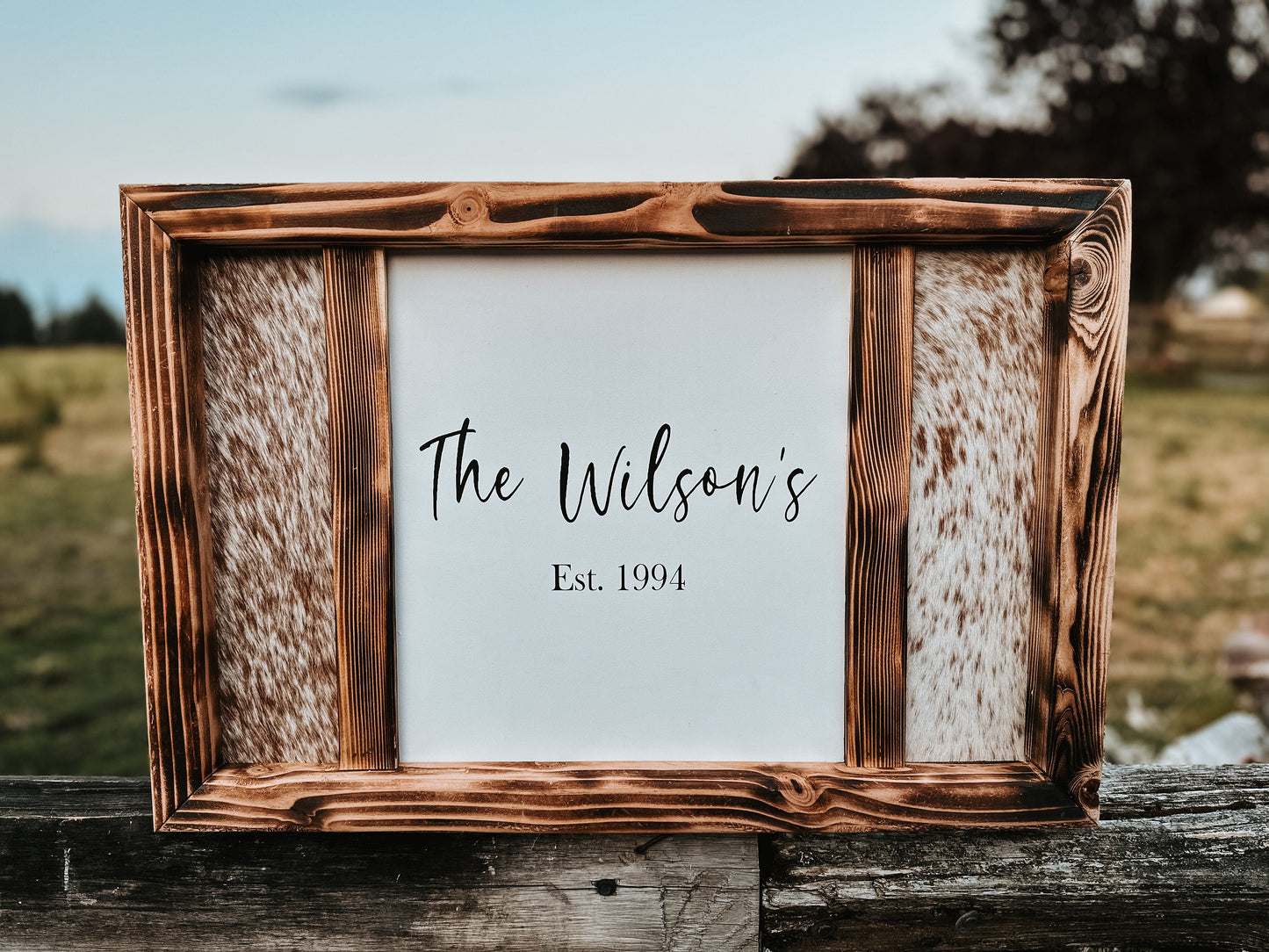 Custom Cowhide Sign: Rustic Western Decor, Handmade Pine Frame