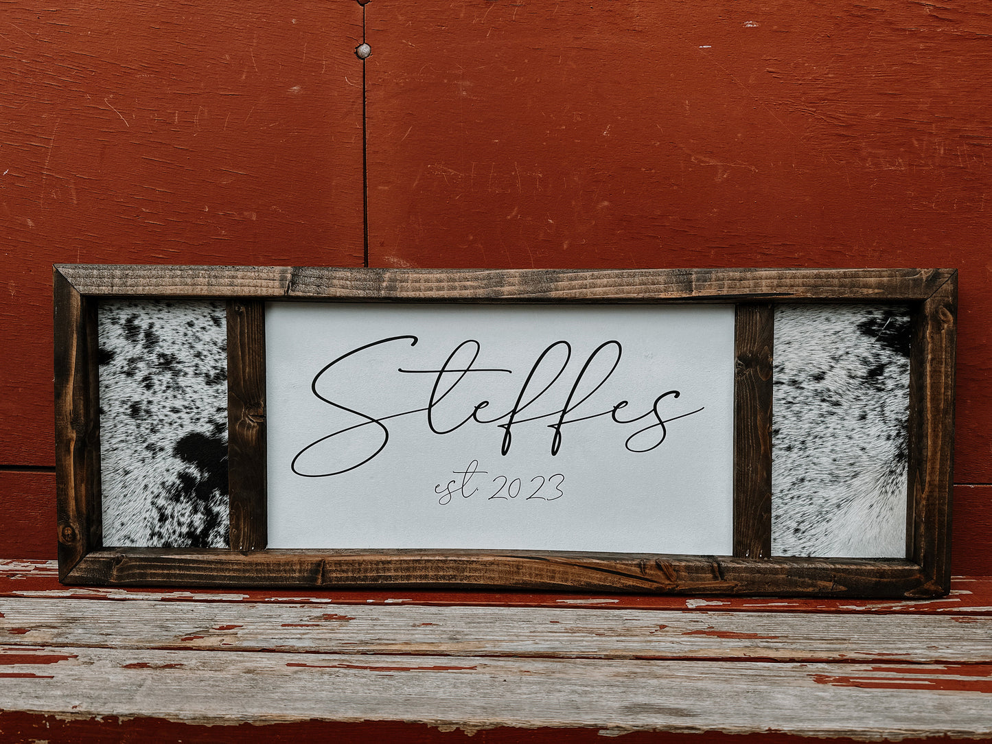 Custom Cowhide Sign: Rustic Western Decor, Handmade Pine Frame