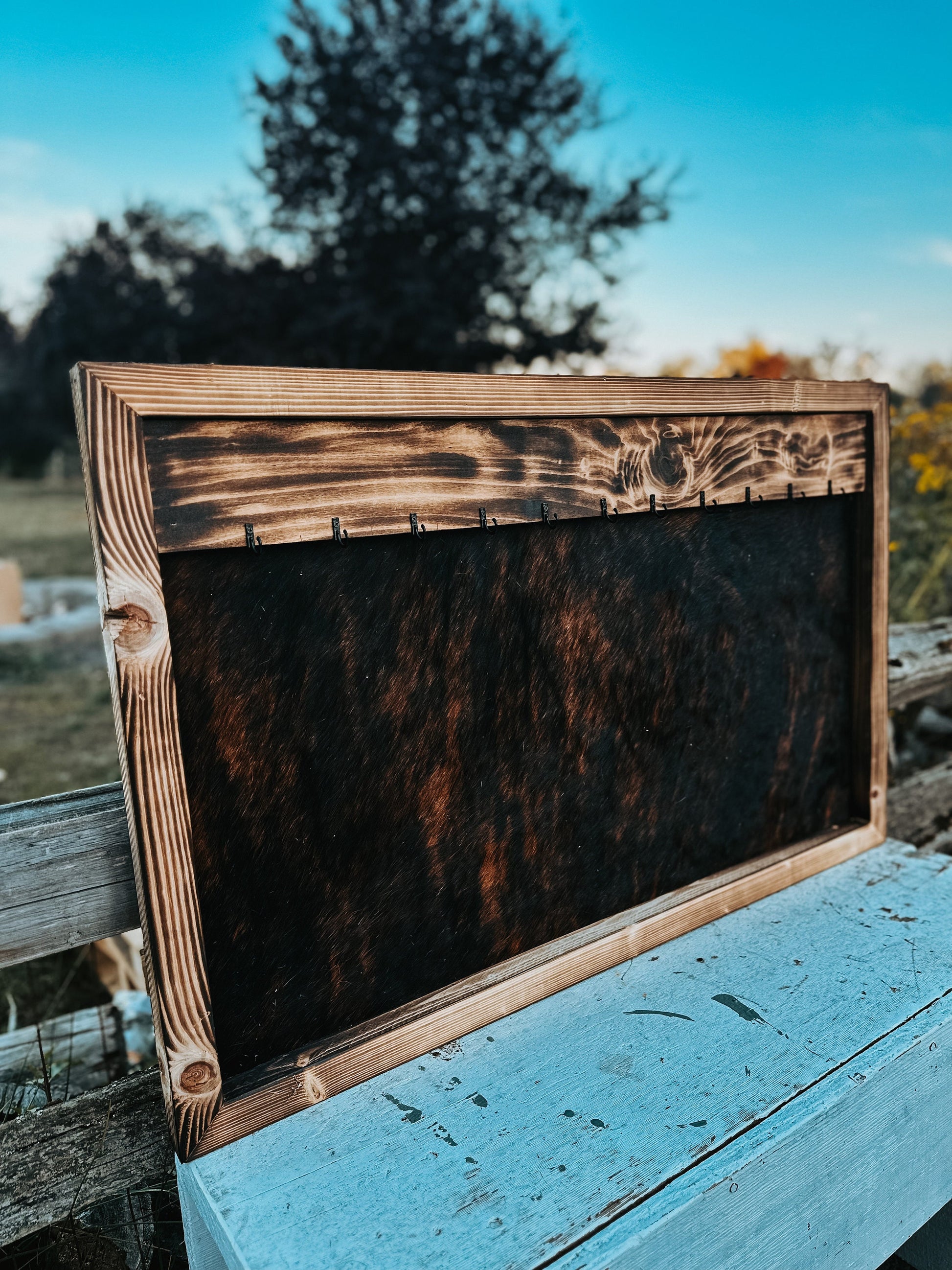 Cowhide Jewelry Hanger: Rustic Wood & Leather Organizer