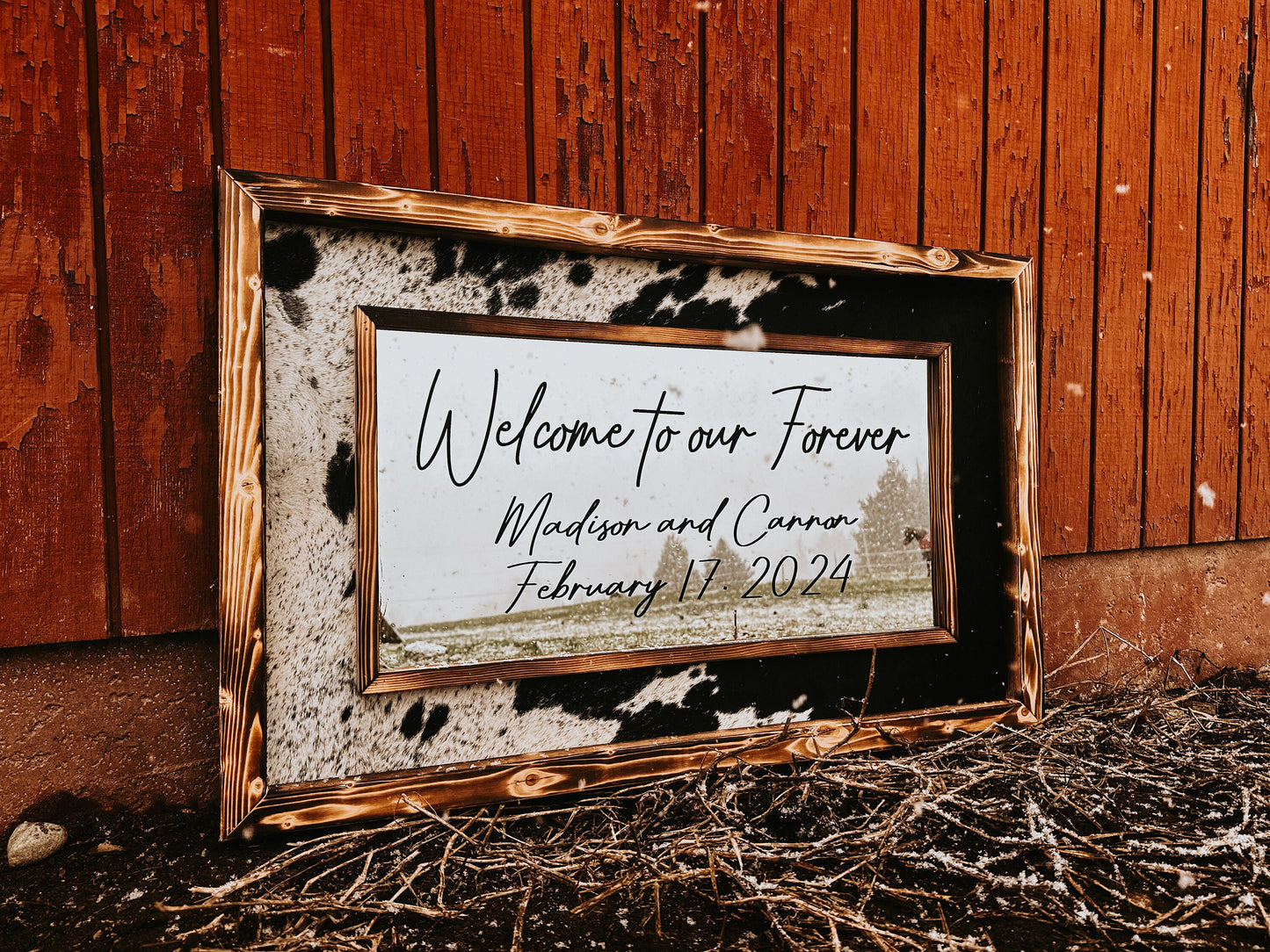 Handmade Cowhide Mirror: Western Decor with Pine Wood Frame