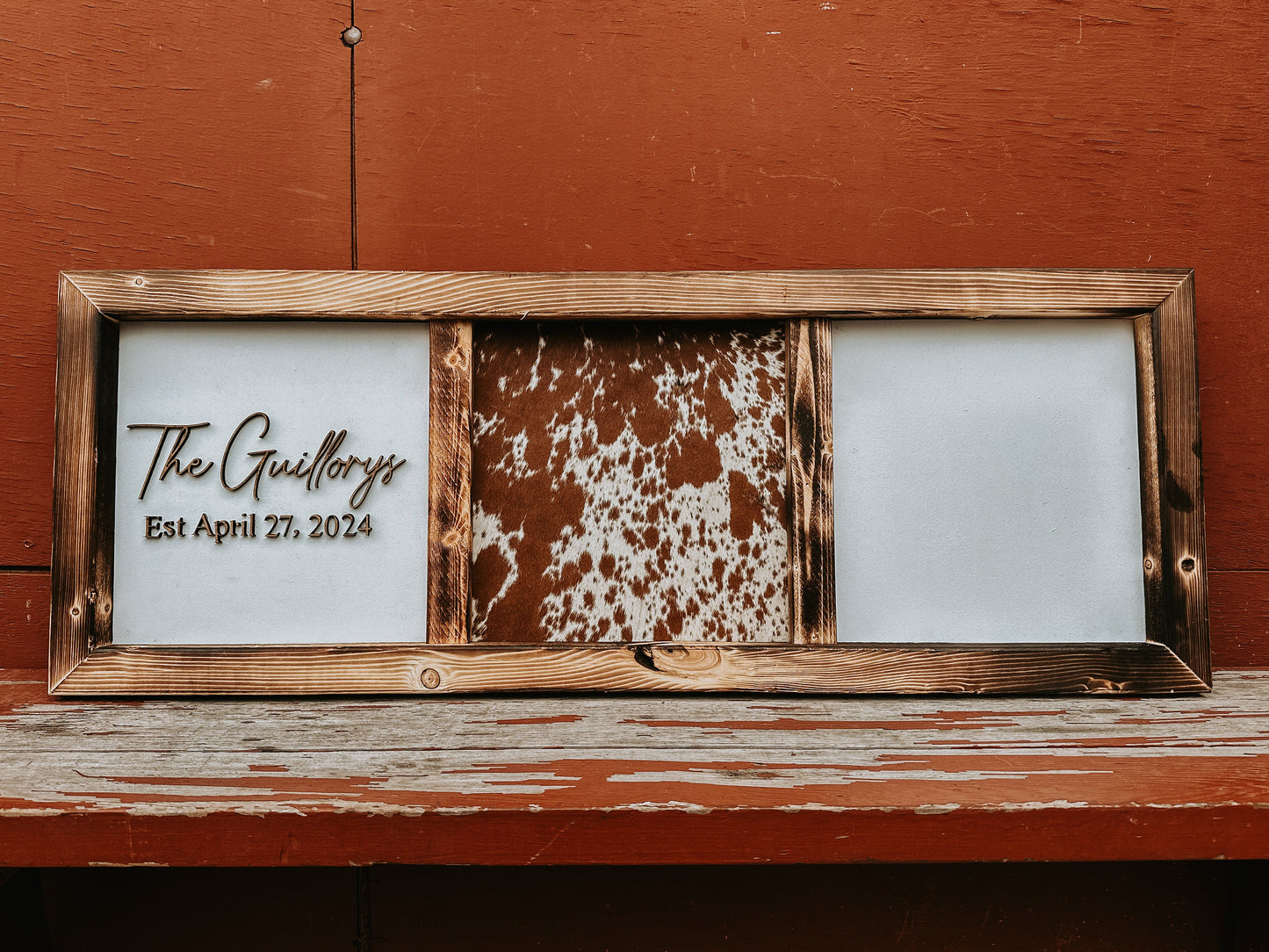 Handmade Cowhide & Wood Sign: Custom Branding Decor
