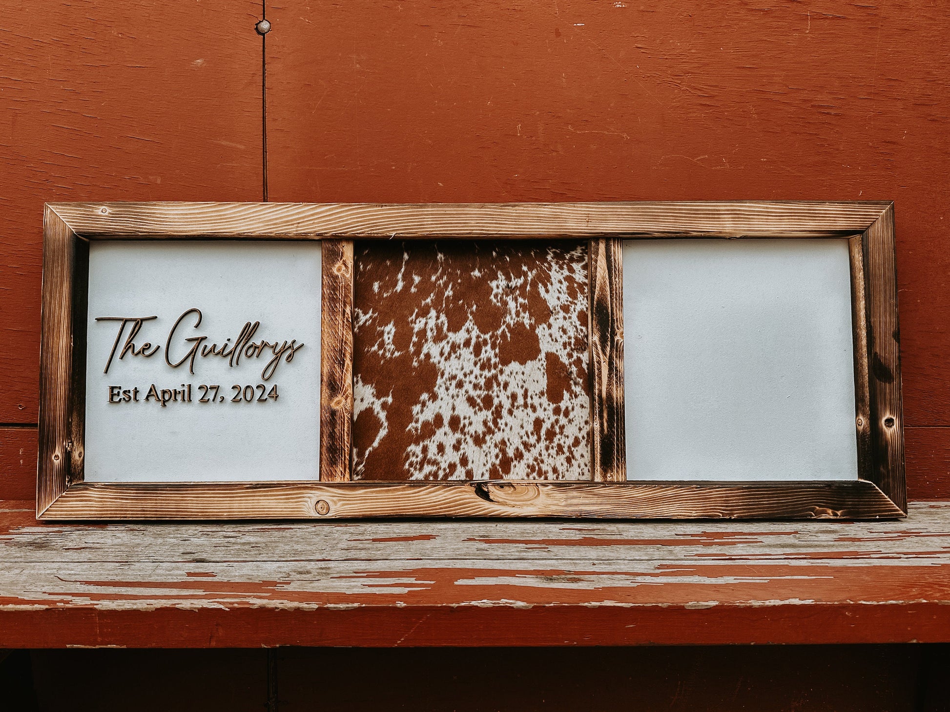 Handmade Cowhide & Wood Sign: Custom Branding Decor