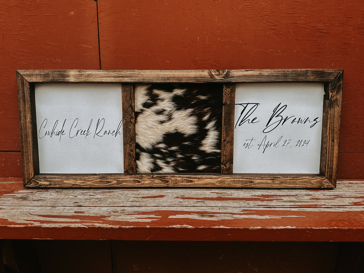 Handmade Cowhide & Wood Sign: Custom Branding Decor
