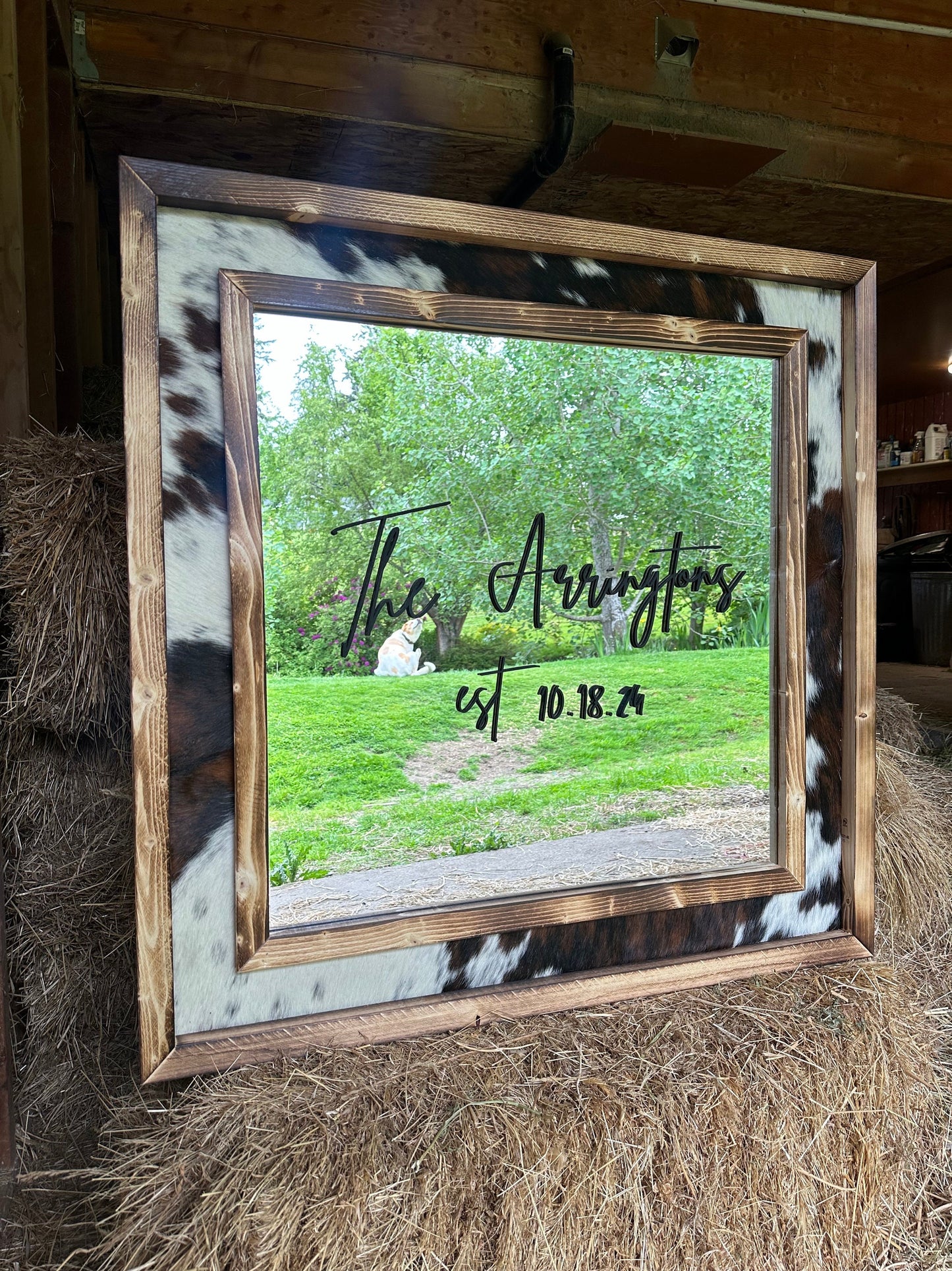 Handmade Cowhide Mirror: Western Decor with Pine Wood Frame