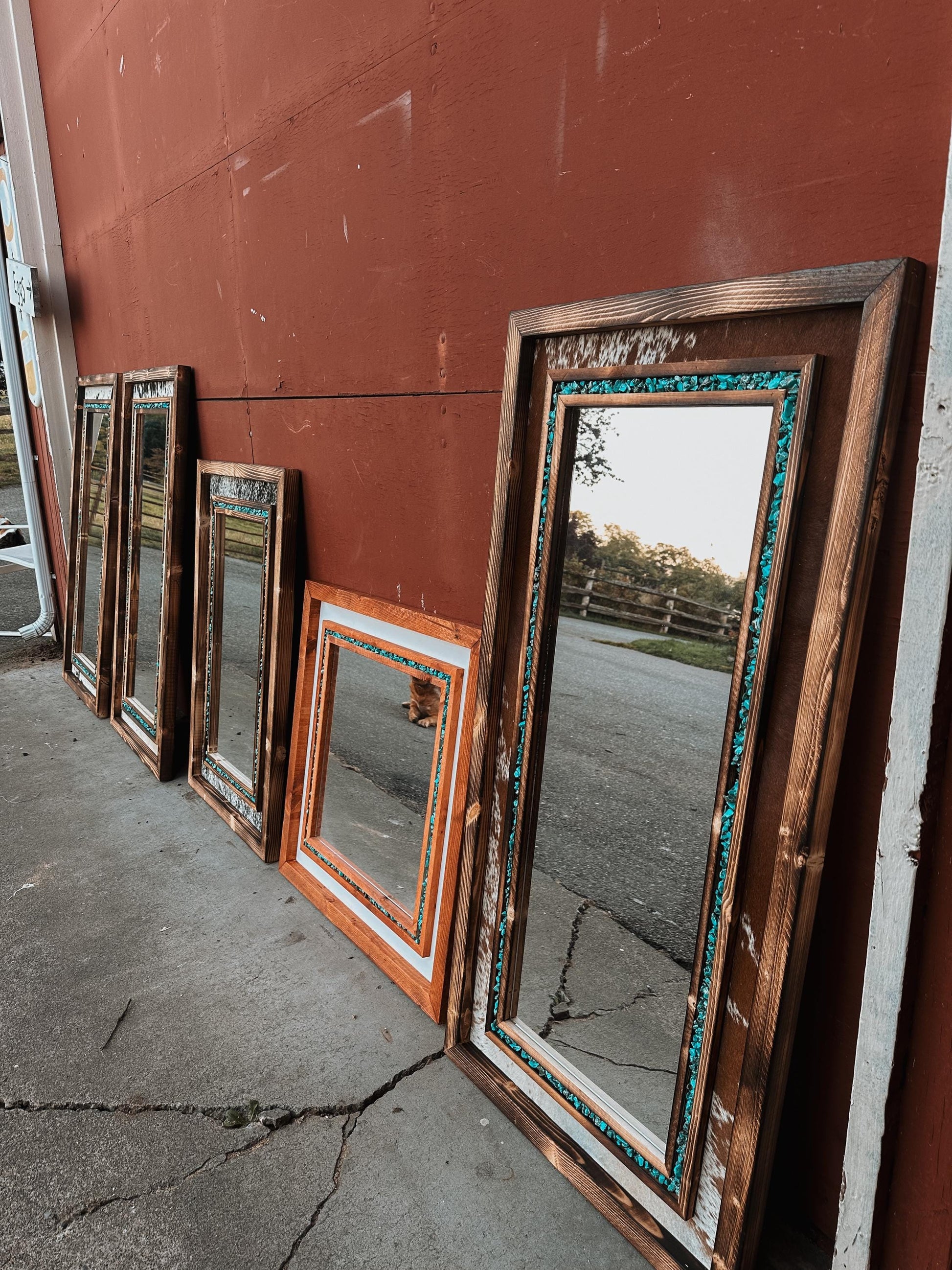 Handmade Cowhide & Turquoise Western Mirror - Pine Wood Frame