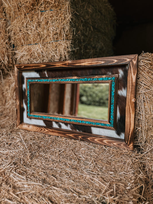Handmade Cowhide Mirror with Turquoise Inlay, Rustic Wood Frame (24x16)
