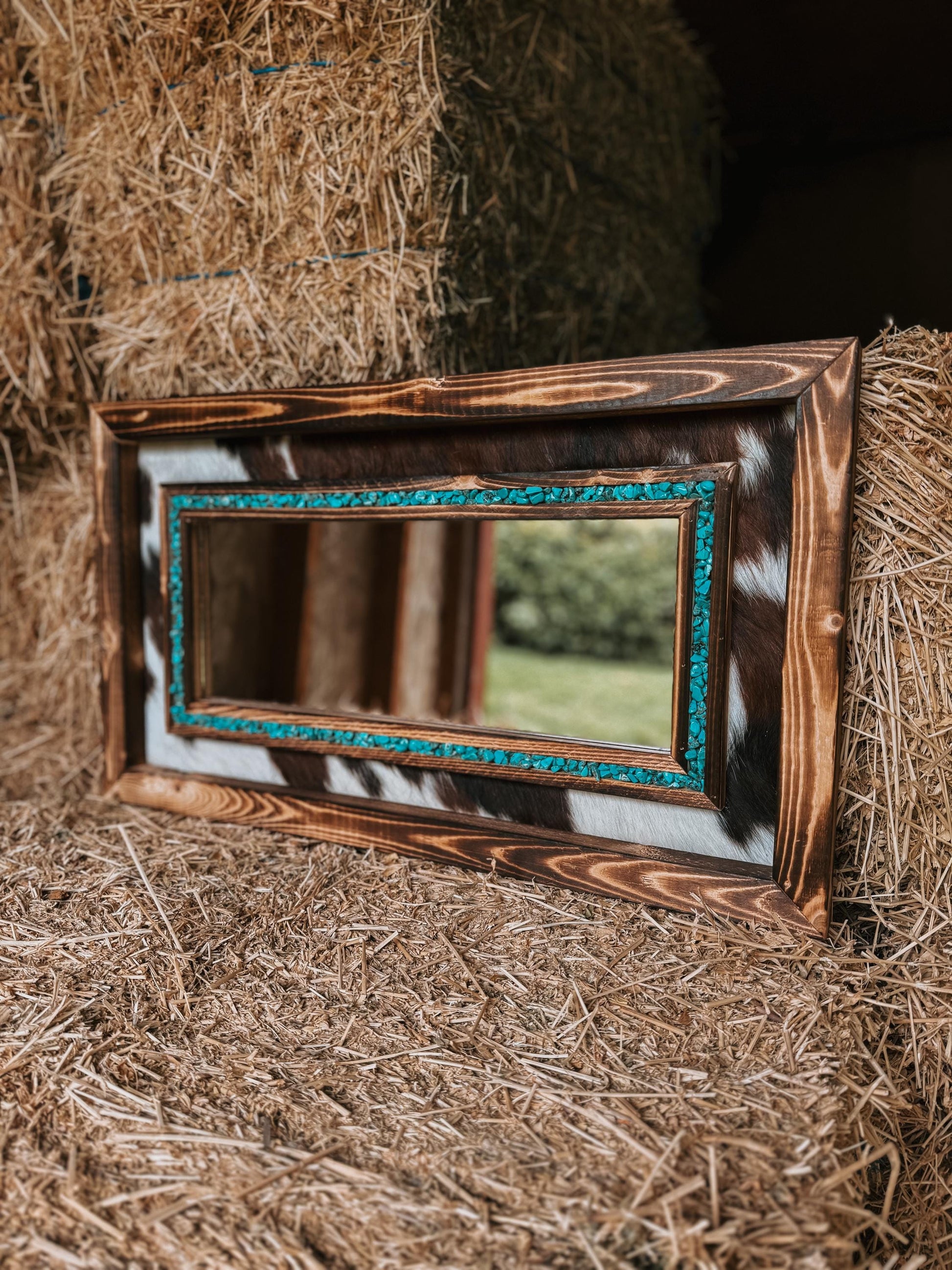 Handmade Cowhide & Turquoise Western Mirror - Pine Wood Frame