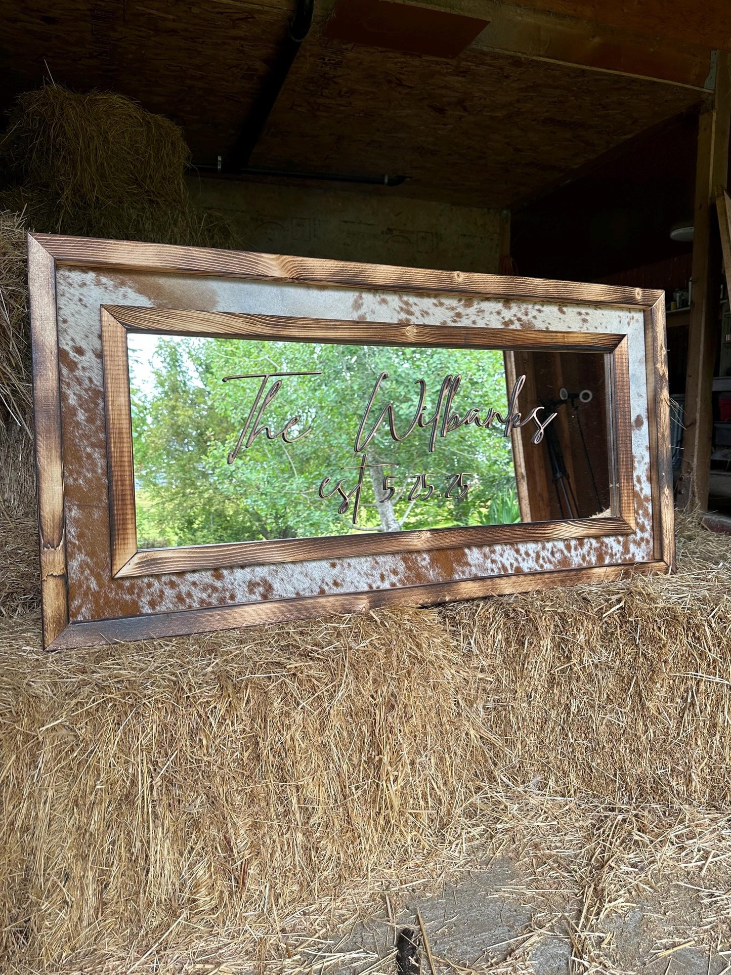 Handmade Cowhide Mirror: Western Decor with Pine Wood Frame
