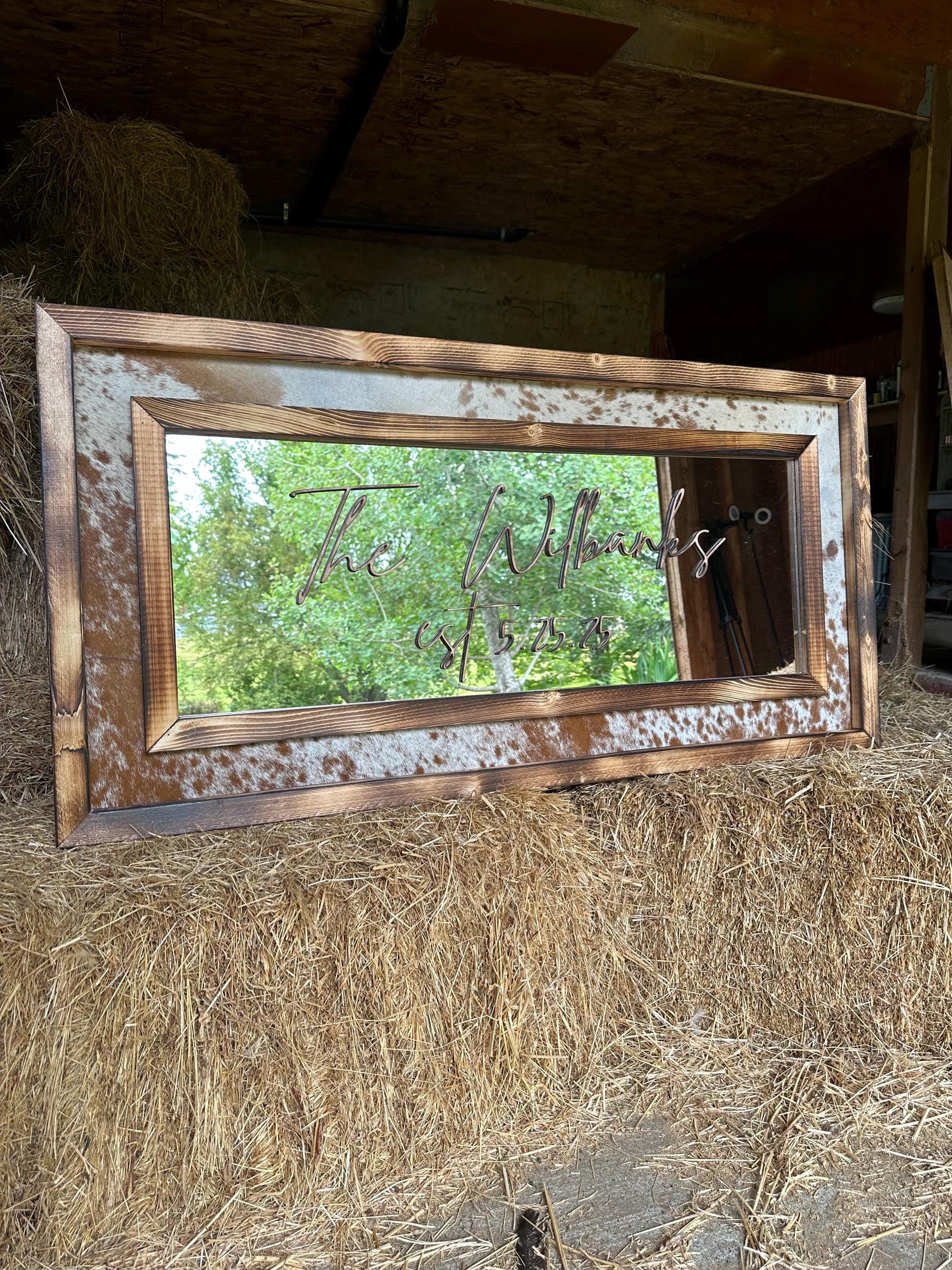 Handmade Cowhide Mirror: Western Decor with Pine Wood Frame