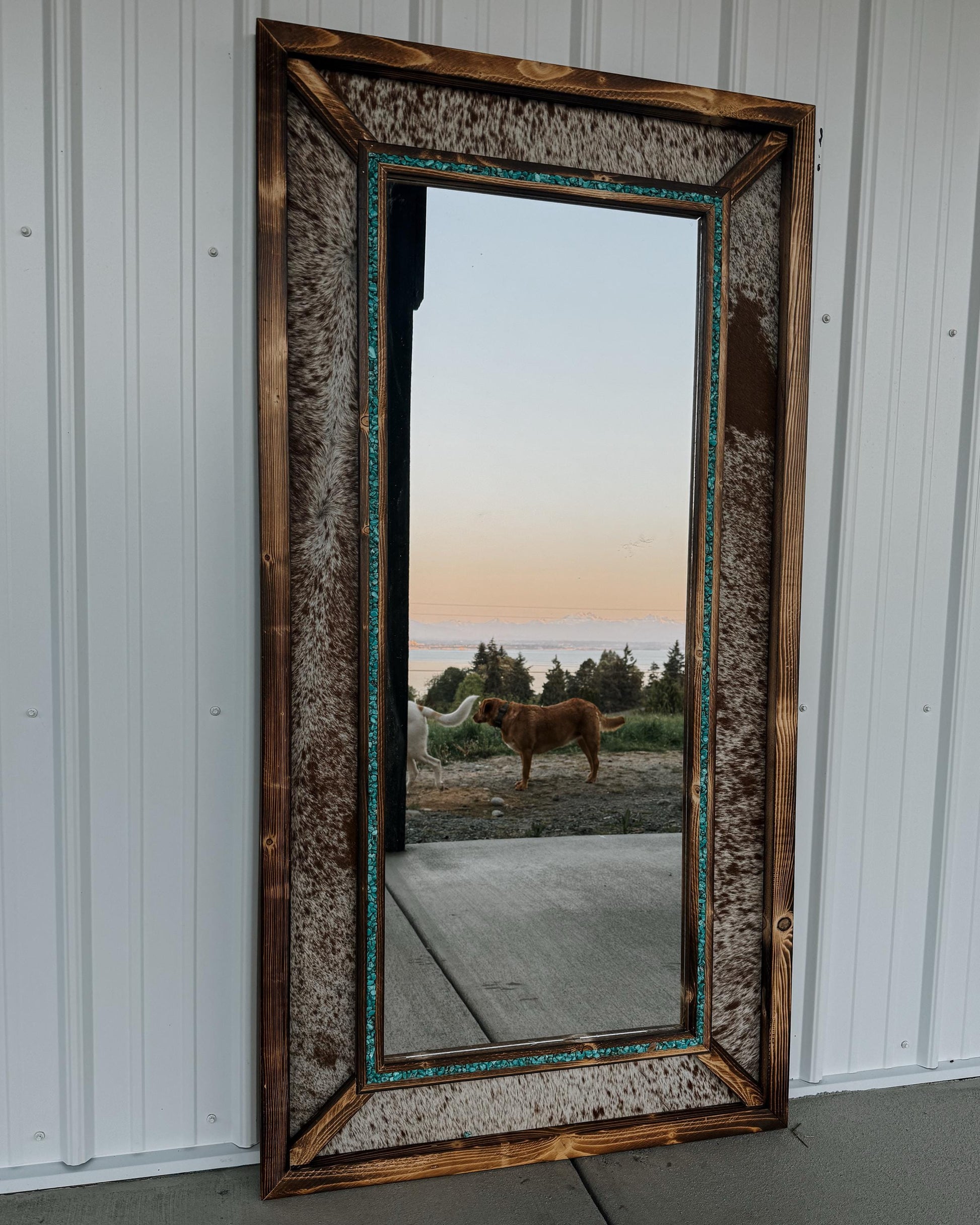 Handmade Cowhide & Turquoise Western Mirror - Pine Wood Frame