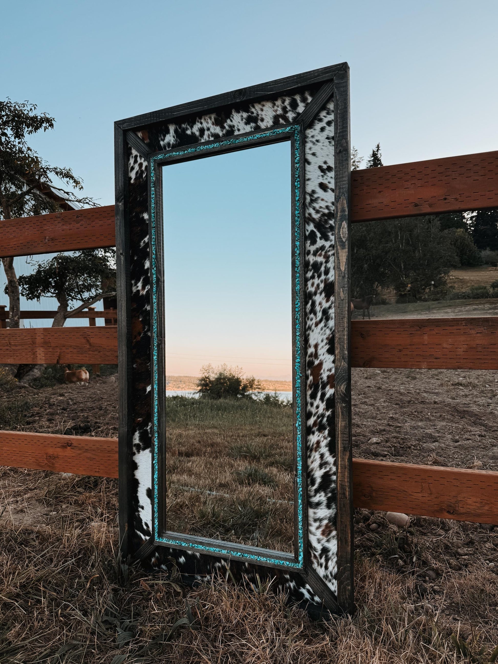 Handmade Cowhide & Turquoise Western Mirror - Pine Wood Frame