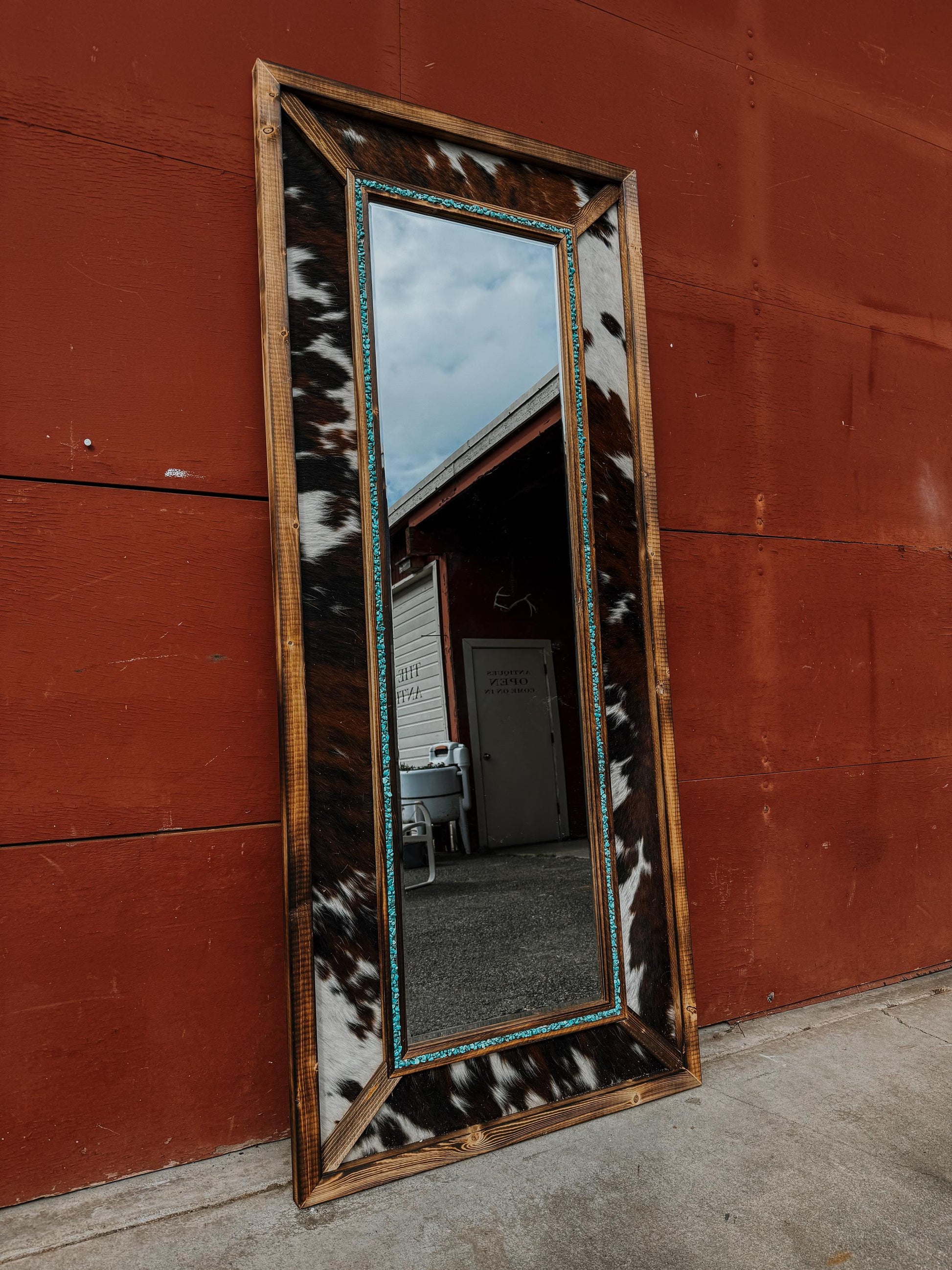 Handmade Cowhide & Turquoise Western Mirror - Pine Wood Frame