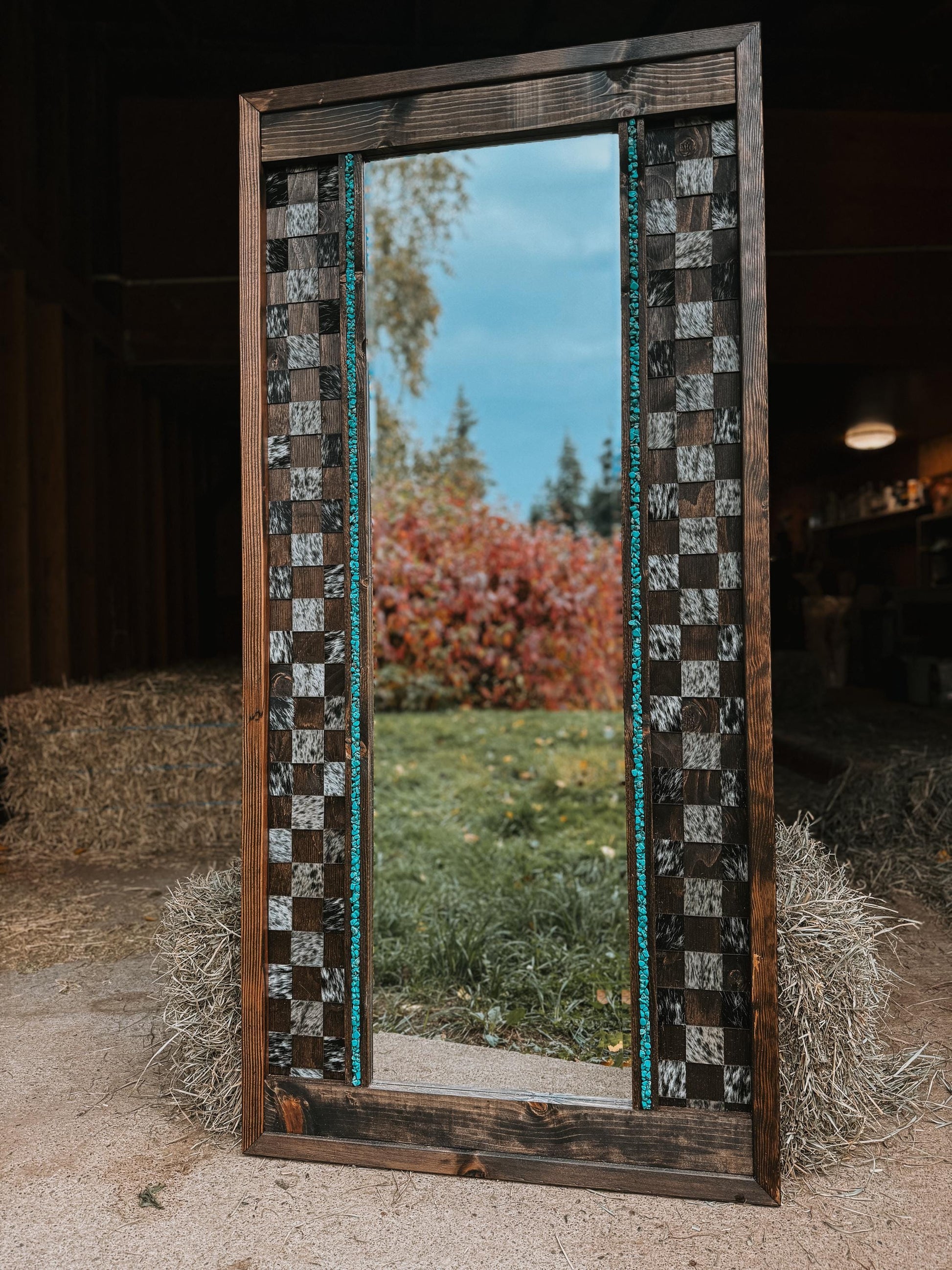 Checkered genuine cowhide mirror