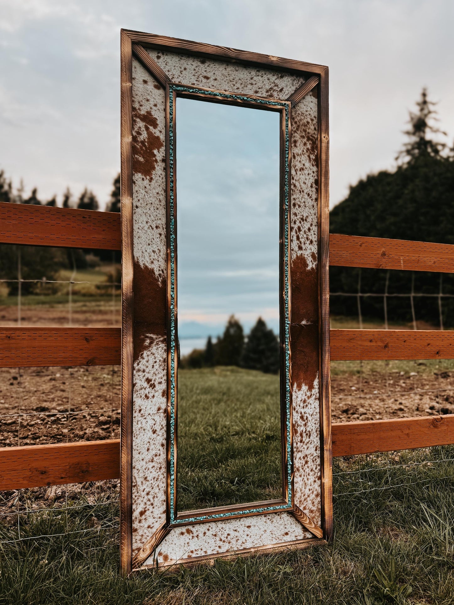 Handmade Cowhide & Turquoise Western Mirror - Pine Wood Frame