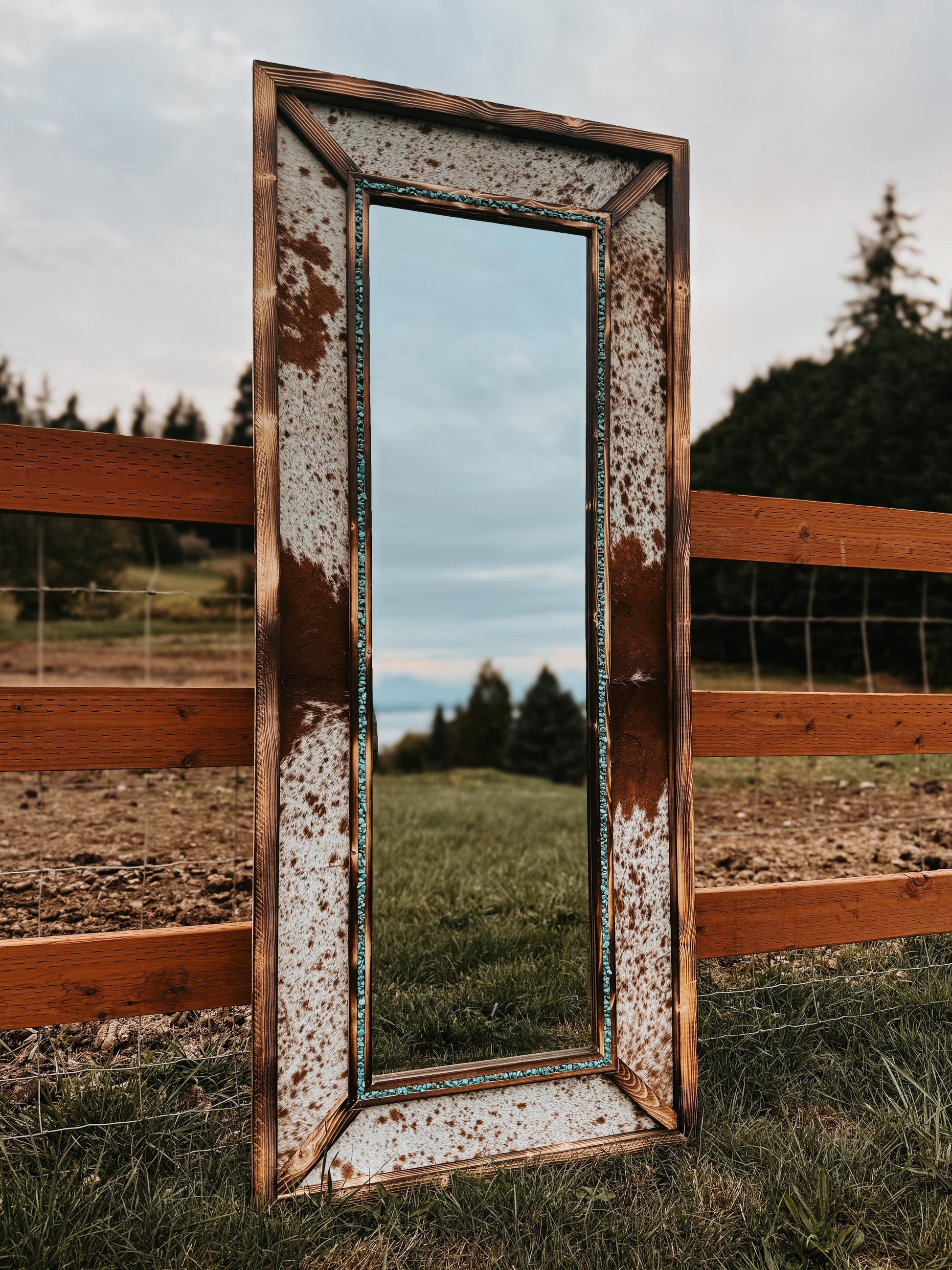 Handmade Cowhide & Turquoise Western Mirror - Pine Wood Frame
