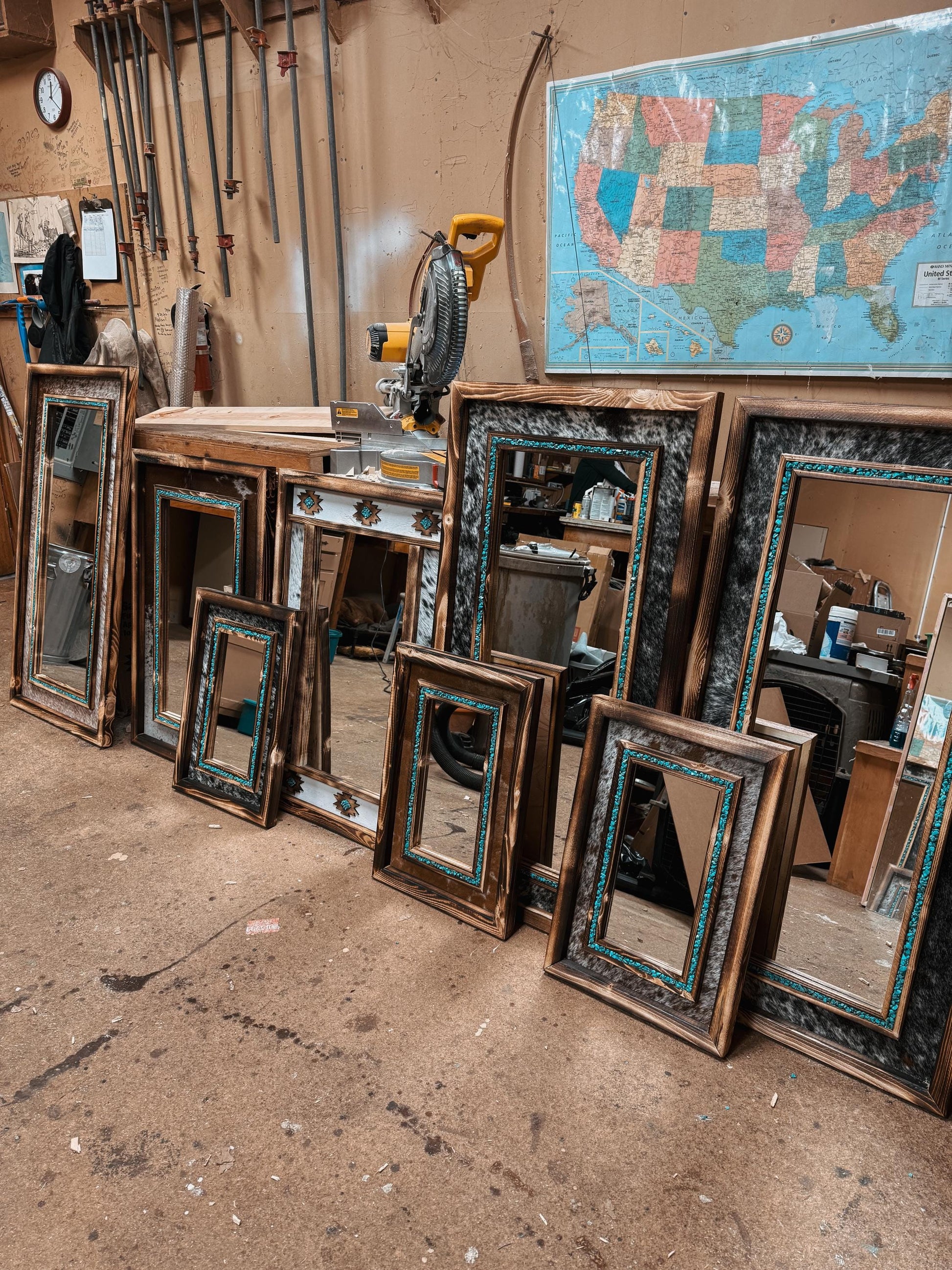 Handmade Cowhide & Turquoise Western Mirror - Pine Wood Frame