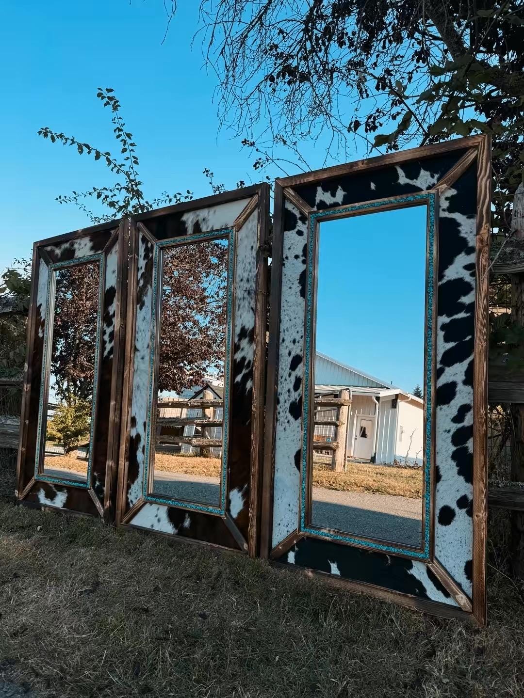 Handmade Cowhide & Turquoise Western Mirror - Pine Wood Frame