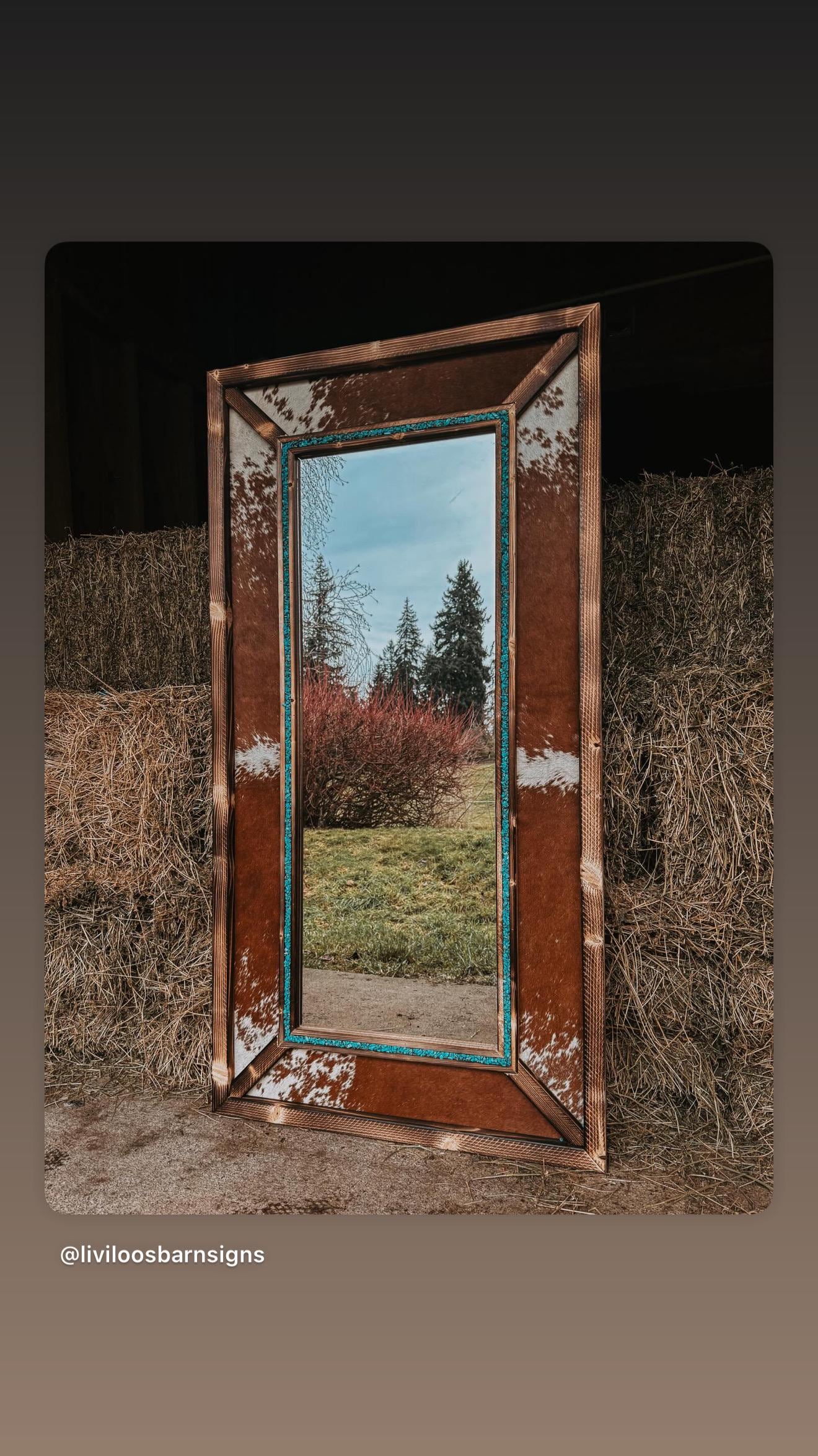 Handmade Cowhide & Turquoise Western Mirror - Pine Wood Frame