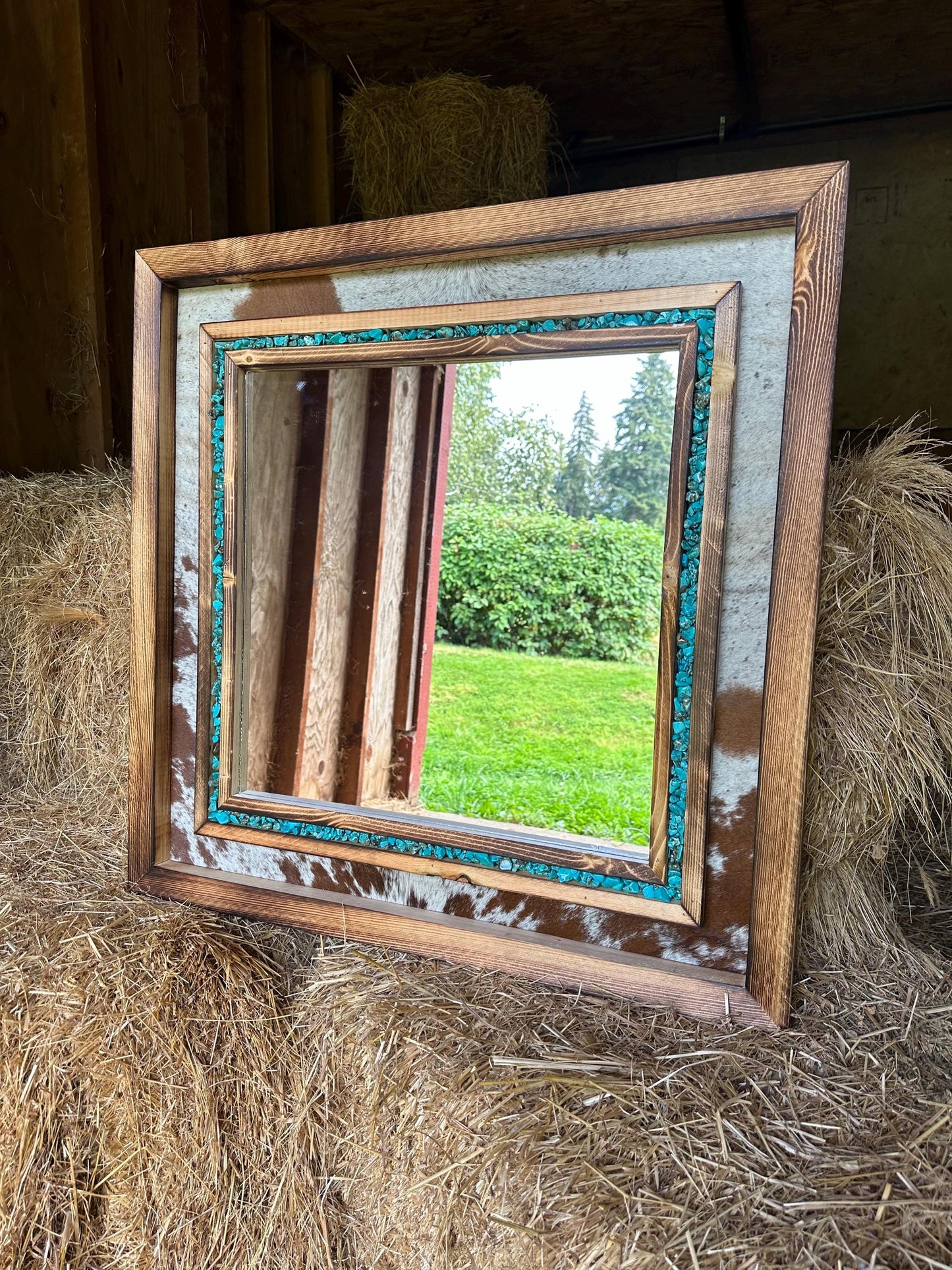 Handmade Cowhide & Turquoise Western Mirror - Pine Wood Frame