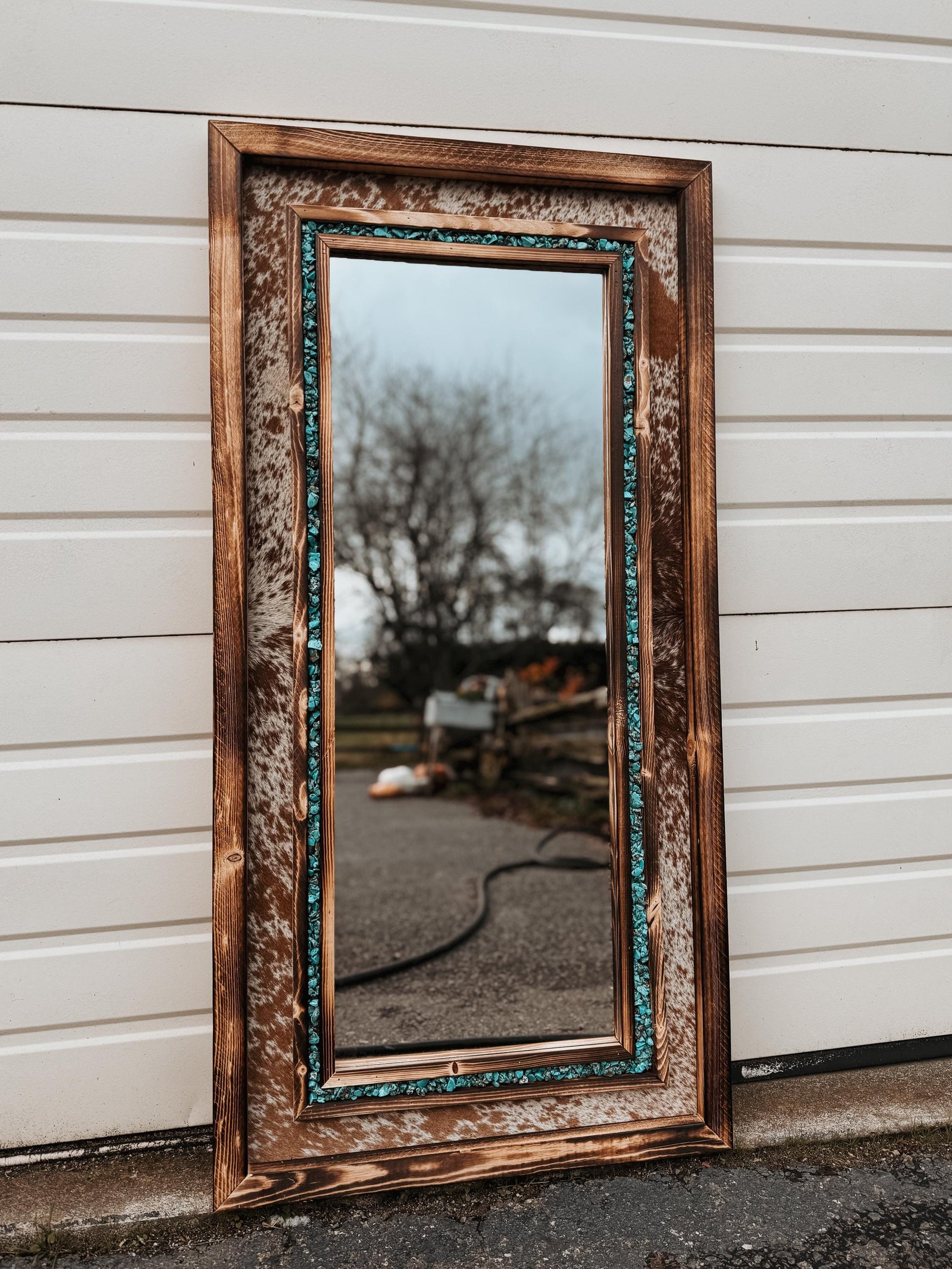 Handmade Cowhide & Turquoise Western Mirror - Pine Wood Frame