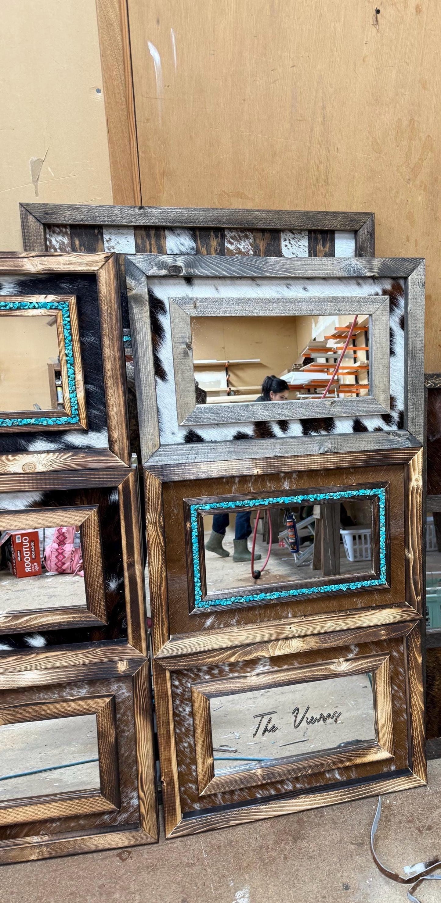Handmade Cowhide Mirror with Turquoise Inlay, Rustic Wood Frame (24x16)