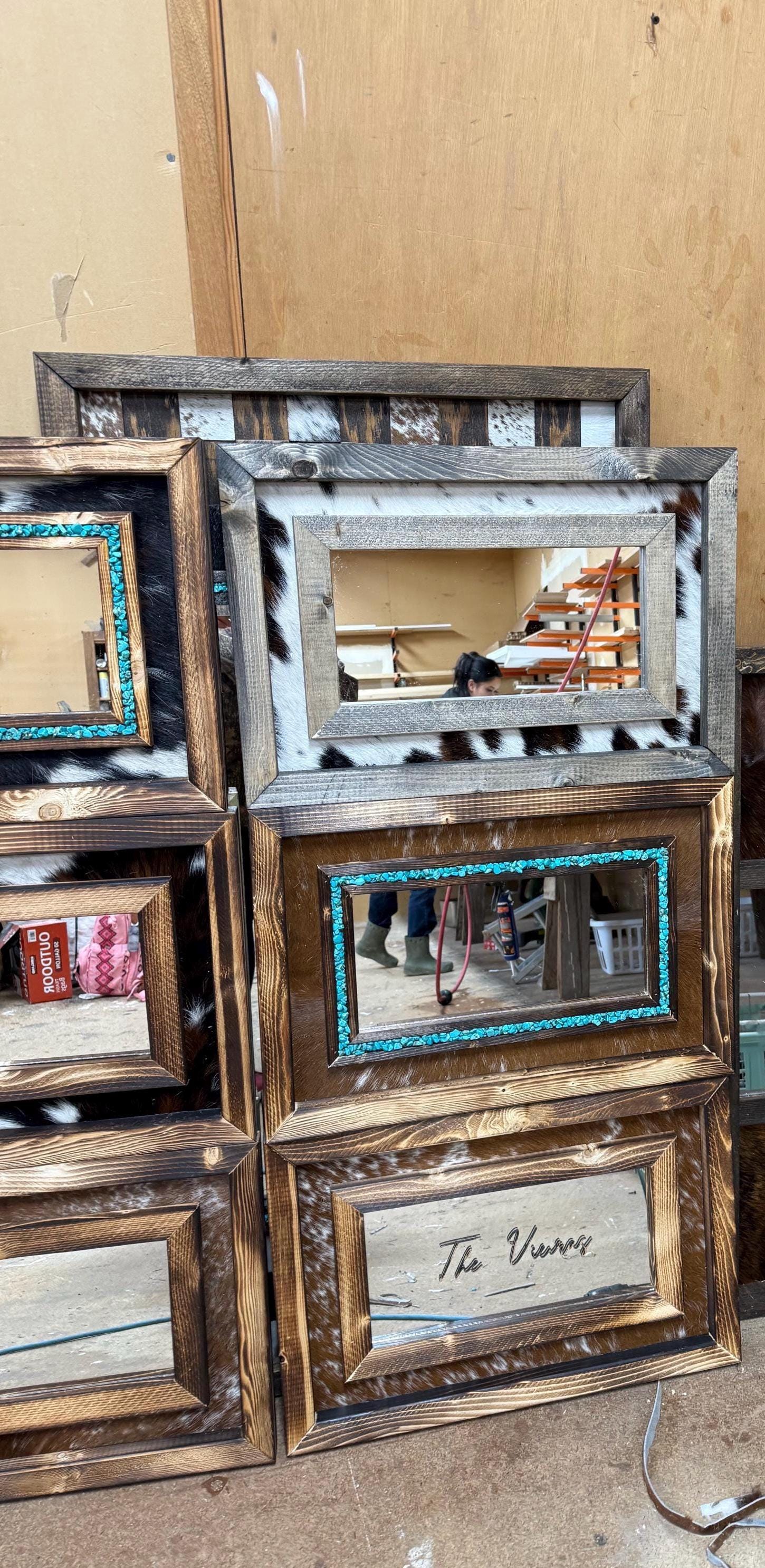 Handmade Cowhide Mirror with Turquoise Inlay, Rustic Wood Frame (24x16)